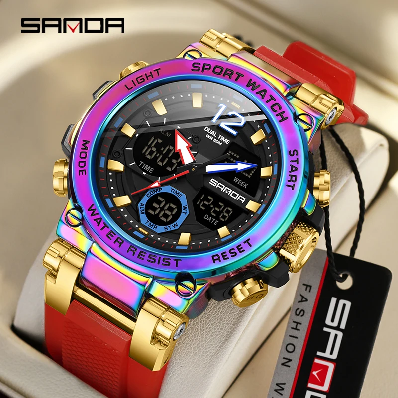 SANDA Fashion New Product 6178 Men Big Dail Sport Quartz Electronic Double Display Cool Multi Functional Waterproof 50M Watches