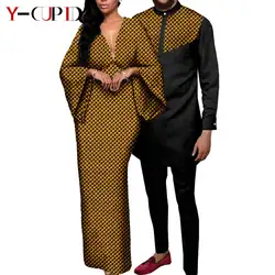 Couple Clothes African Print Deep V neck Long Dresses for Women Matching Men Outfits Dashiki Top Shirt and Pant Sets Y23C088