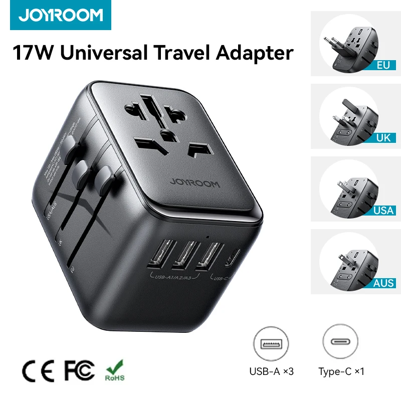 Joyroom 17W Universal Travel Adapter with 3 USB Ports & 1 USB-C All in One International Wall Charger Worldwide AC Power Plug