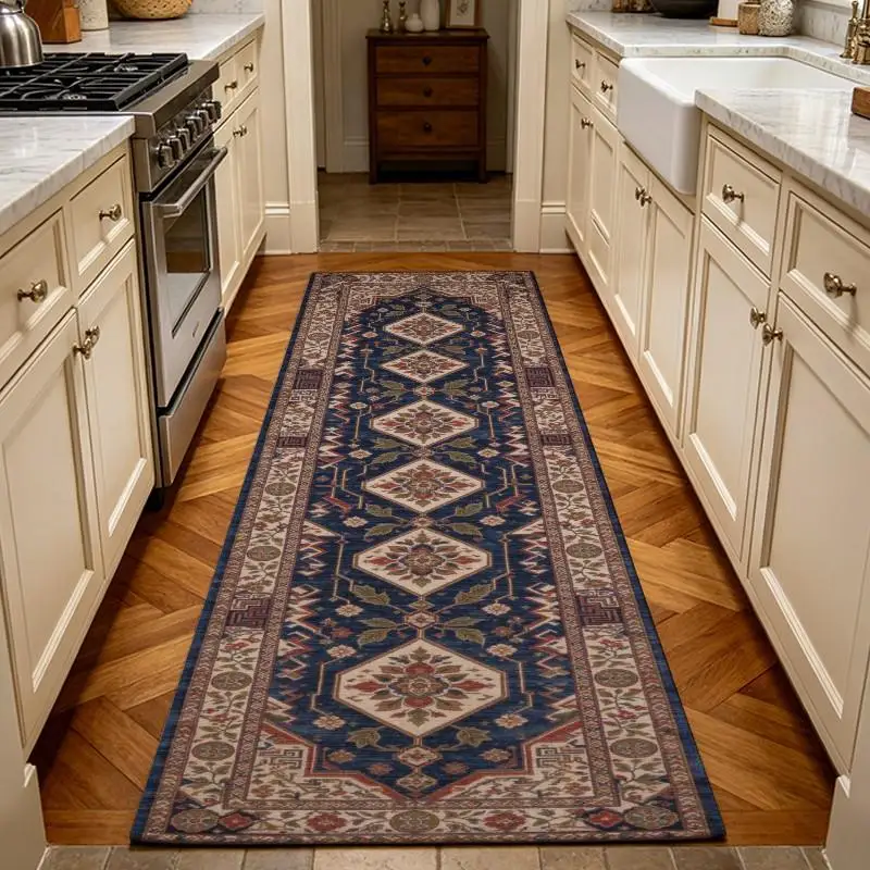 Boho Vintage Navy Diamond Medallion Runner Rug Washable Hallway Long Carpet for Entryway Kitchen