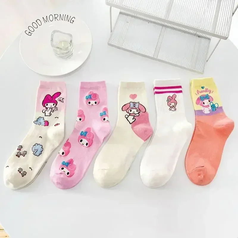 

5Pcs of Melody mid-tube socks cartoon pink Sanrio cute girls soft and comfortable cotton non-slip deodorant socks