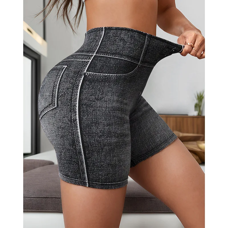 Damskie szare legginsy Sportowe spodenki Imitacja dżinsu Slim Fit Damskie legginsy Wygodne legginsy o wysokiej elastyczności