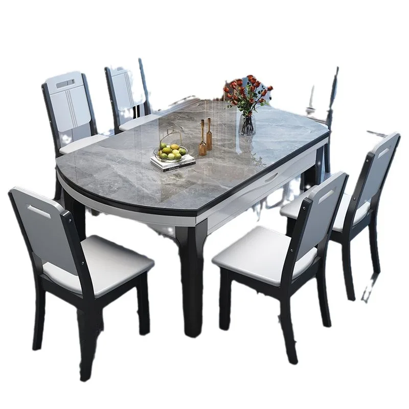 

The dining table combination on the rock slab is modern, simple, lightweight, and luxurious, and the solid wood is extendable.