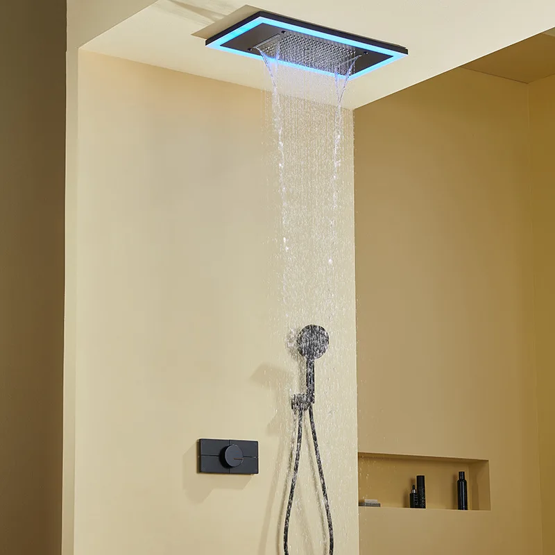 All Copper Mood Light Shower Set Multi Mode Rainfall Waterfall Ceiling Shower Head