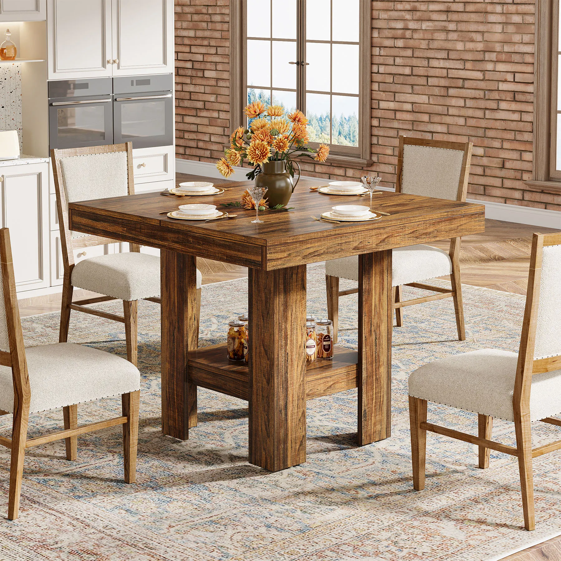# Square Dining Table for 4 People, Farmhouse Wooden Kitchen Table, 2 Person Dinning Table for Dining Room