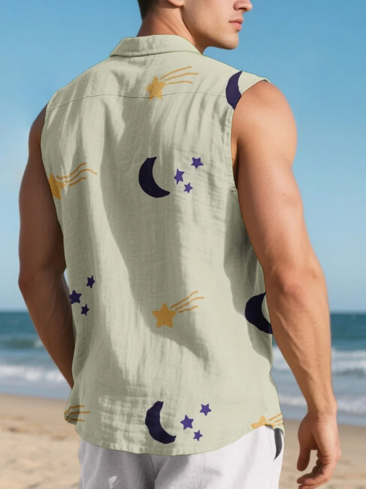 Women Casual Sleeveless Collared Vest Shirt Vintage Golden Celestial Moon Star Cloud Print Button Down Loose Fit Pocket Tank
