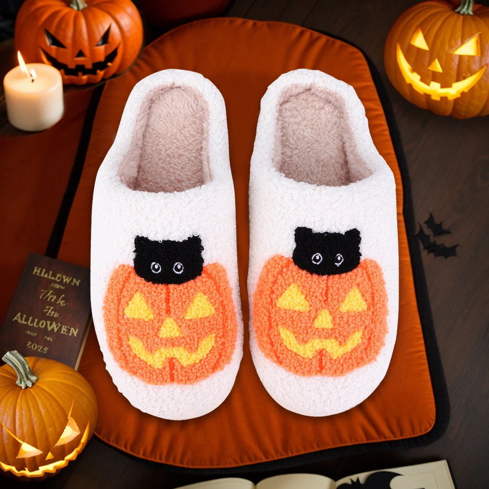 Halloween Pumpkin Cat Slippers Slip-on House Shoes Anti Slip Flat Thermal Slippers Soft Furry Slipper for Outdoor Indoor Bedroom