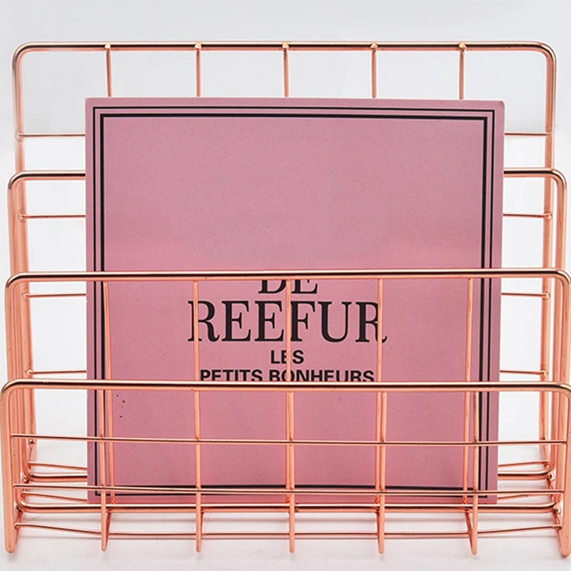 Bookshelf Office Desktop Rose Gold Metal Book Block Three Layer Desktop Magazine Shelf Book Holder