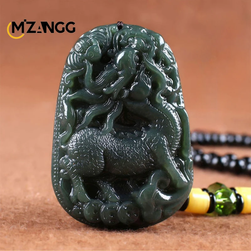 

Natural Hotan Green Jade Qilin Pendant Necklace Hand-carved Fashion Luxury Jewelry Men and Women Lucky Amulet Holiday Gift