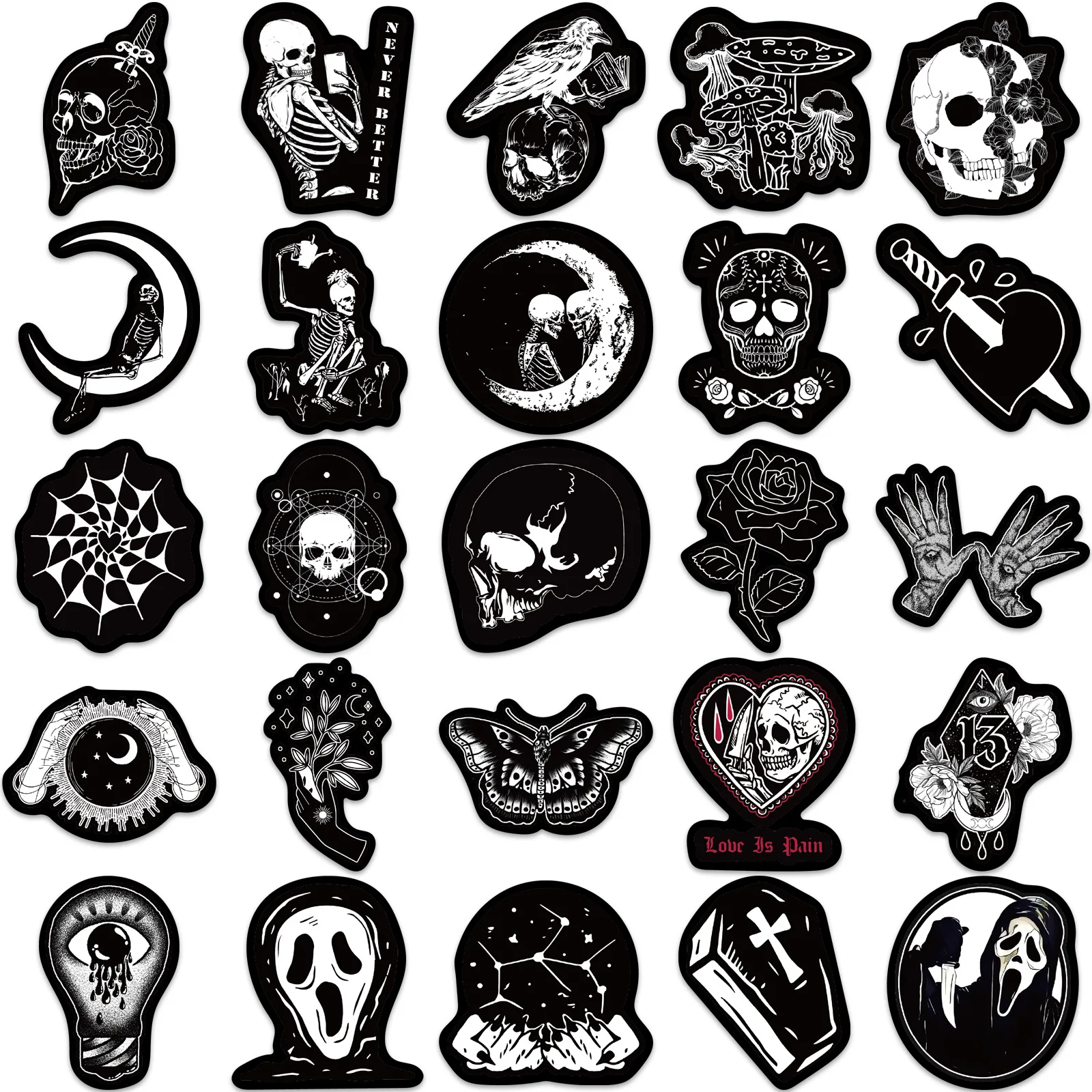 Gothic Graffiti Skull Stickers, preto e branco, decalques legais, DIY para laptop, telefone, motocicleta, capacete, carro, bicicleta, brinquedos,