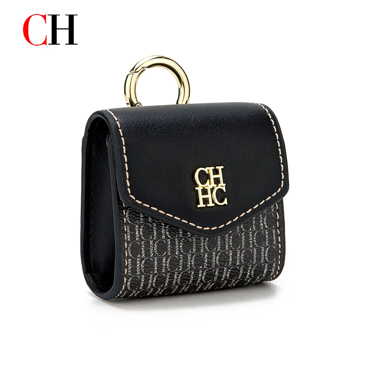CH Elegant Monogram Print Earphone Pouch With Metal Ring Small Carry Bag For Wireless Earbuds And Everyday Accessories