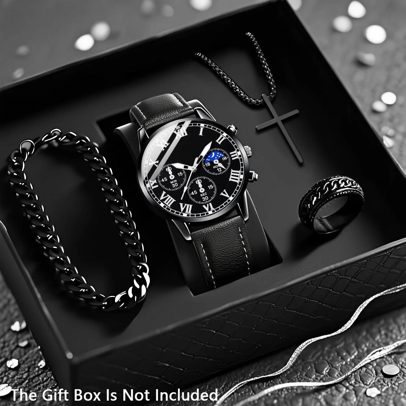 4pcs men's fashionable quartz watch and necklace bracelet ring accessory set, suitable for daily wear and family gifts