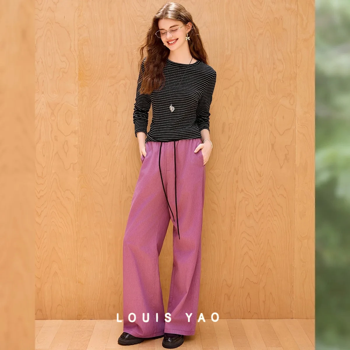 LOUIS YAO Regular Shoulder Striped Women's T-shirts 2025 Autumn Stylish Contrast Colors Tops Lyocell Fabric Long-sleeved Tees