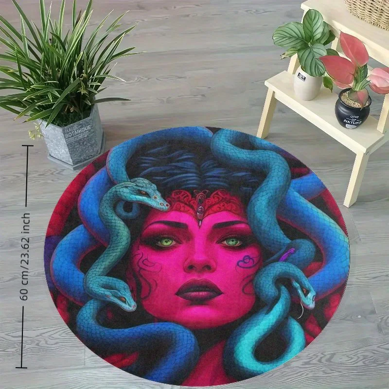 Dramatic Round Area Rug Goddess Portrait Snake Bohemian Style Floor Mat Vibrant Art Room Decoration for Boho Decor