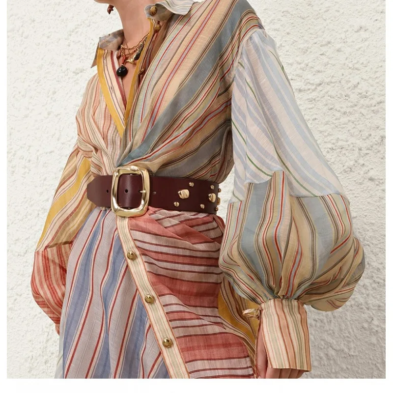 2026 vacances prêt à porter REBELLION soie lin motif à rayures Midi Dr couleur Blo Long Street Sle Fce v-ne Maxi Dr