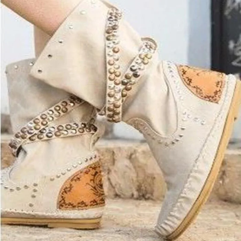 

Fashion Studded Ankle Boots Round Toe White Gray Suede Flat Leisure Boots Metal Decoration Patchwork Runway Boots Big size 44