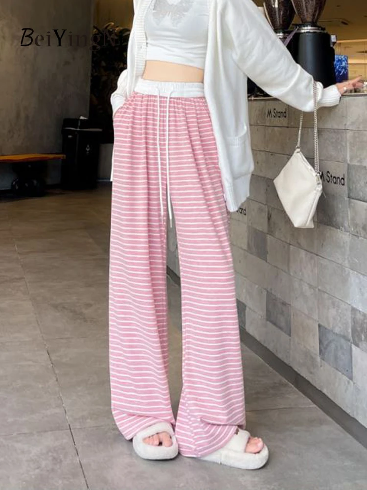 

Beiyingni Autumn Winter Harajuku Striped Wide Leg Pants Women Drawstring Elastic Waist Lazy Korean Long Pants Female Y2K Trouser