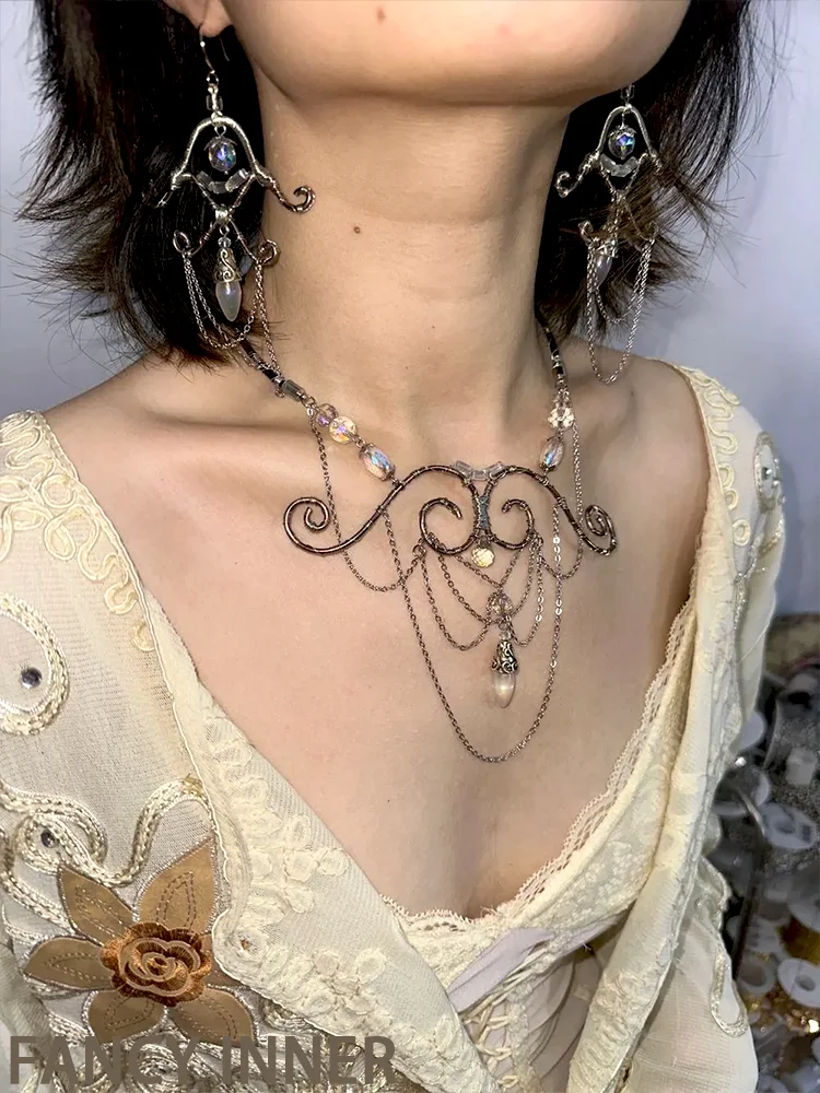 2026 New Necklace Mermaid Tears Metal Chain Tassel Shiny Stone Vintage Retro Dark Neck Accessaries for Women Girl Jewelry view 3