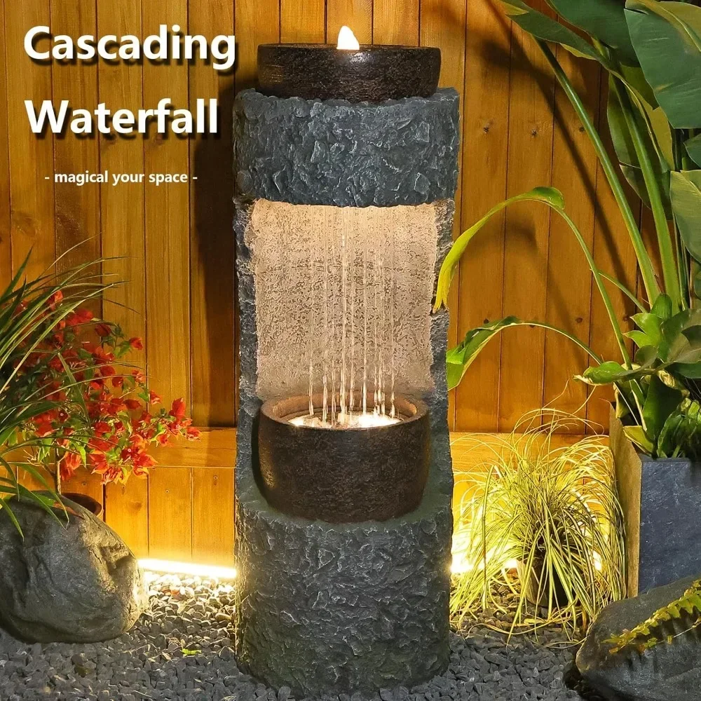 Garden Water Fountain Outdoor Waterfalls Fountain Floor Standing Water Fountains with LED Lights, Pump,Natural Stones for Garden