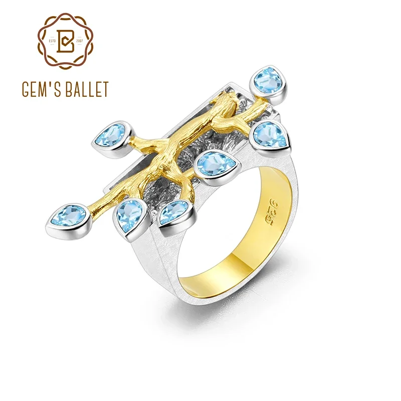 GEM'S BALLET 18k Gold Over 925 Silver Two Tone Handmade Madagascar Forest Natural Swiss Blue Topaz Women's Cocktail Ring