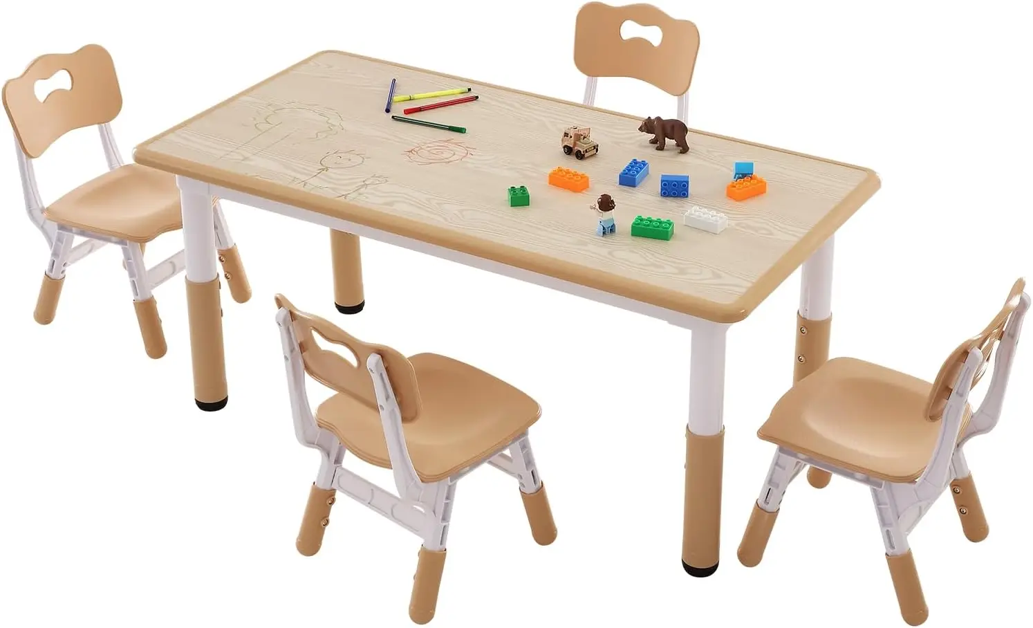 Kids Table and 4 Chairs Set, Height Adjustable Toddler Table and Chair Set, Graffiti Desktop