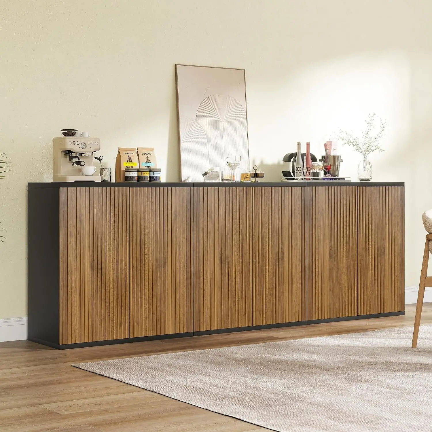 Walnut Fluted Sideboard Cabinet with Pop-Up Doors & Adjustable Shelves for Kitchen Coffee Bar Media, 3 Pieces, Customized