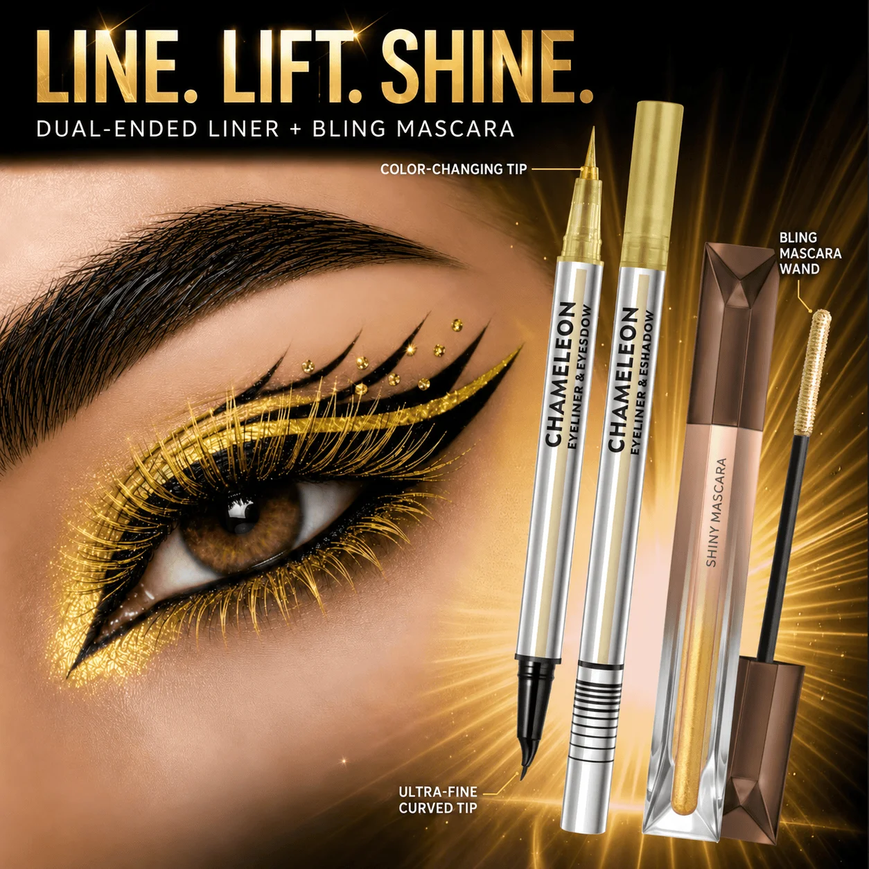 2PCS Shiny Glitter Mascara & Chameleon Double‑ended Eyeliner Set Sparkling Eye Makeup Kit