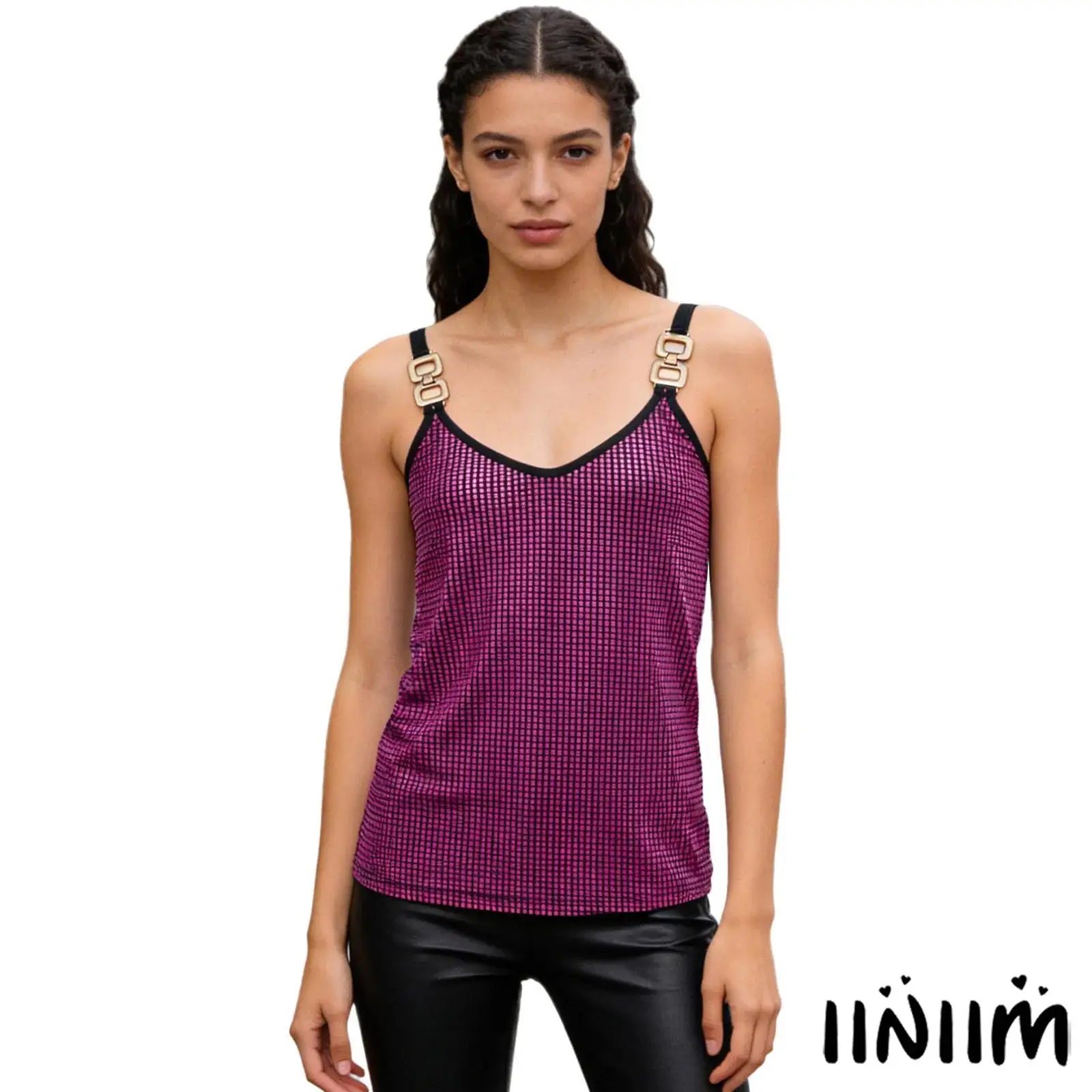 

Womens Fashion Metallic Shiny Sequin Camisole Shoulder Straps with Metal Buckle Detail Sleeveless Sling Camis Top Vest Tank Top