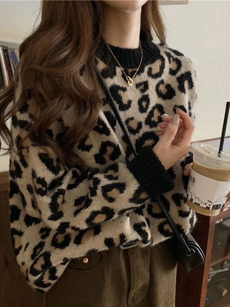 

2024 Autumn/Winter Fashion New Women's Retro Leopard Pattern Round Neck Knitted Hoodie Warm Long Sleeve Loose Sweater Jumper