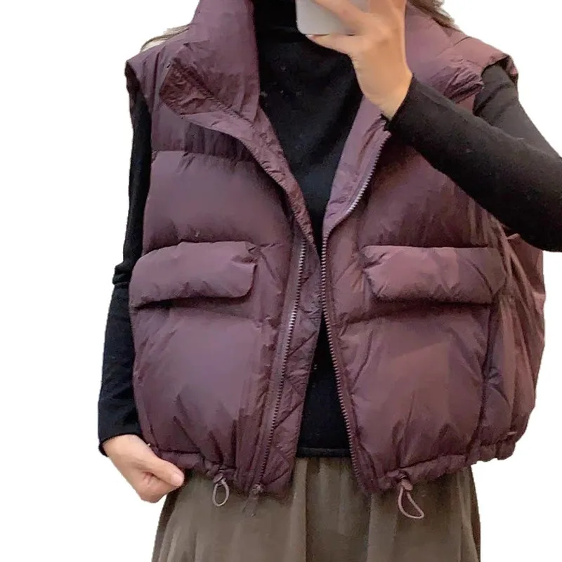 Gilet da donna in piumino d'anatra bianco Gilet corto senza maniche imbottito Capispalla invernale Seoртка ж Dön Dönusen sganпюшоном VT-369
