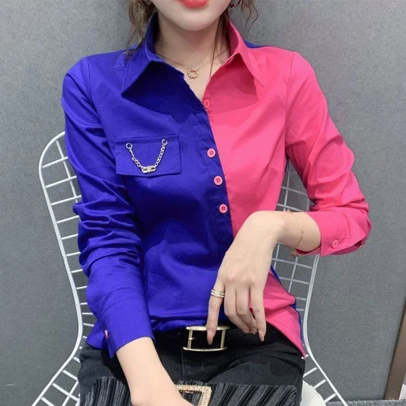 Spring Polo-neck Contrast Color Slim Shirt Female Long Sleeve Patchwork Casual Fashion Buttons Blouse Women Cardigan Top X750