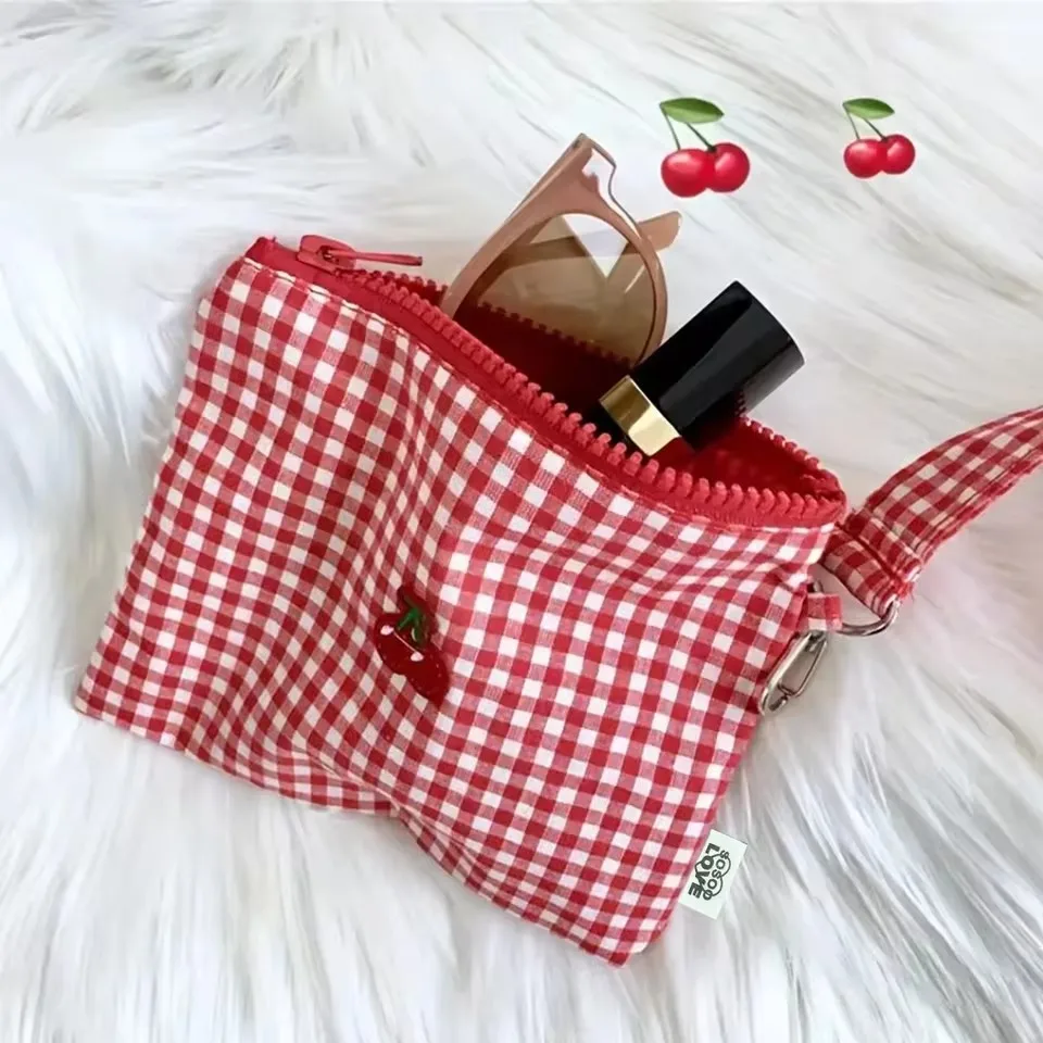 Red Cherry Canvas Makeup Bag Portable And Easy To Carry Red Plaid Large Capacity Cosmetic Lipstick Storage Bag view 6