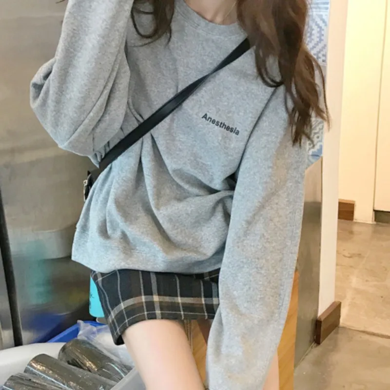 O-hals Hoodies Voor Vrouwen Geen Hoed Koreaanse Stijl Eenvoudige Lente Herfst Lange Mouw College Meisjes Ins Chic Brief Casual Cool Ulzzang
