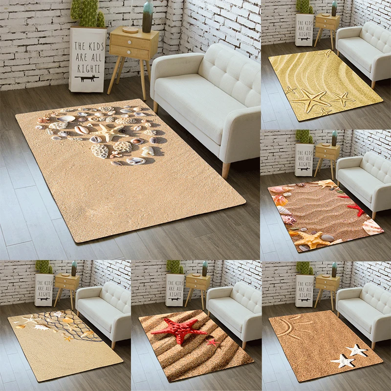 Coastal Theme Rectangular Rug Various Sea Shells Starfish Sandy Beach Pattern Soft Non Slip Carpet for Living Room Bedroom Decor