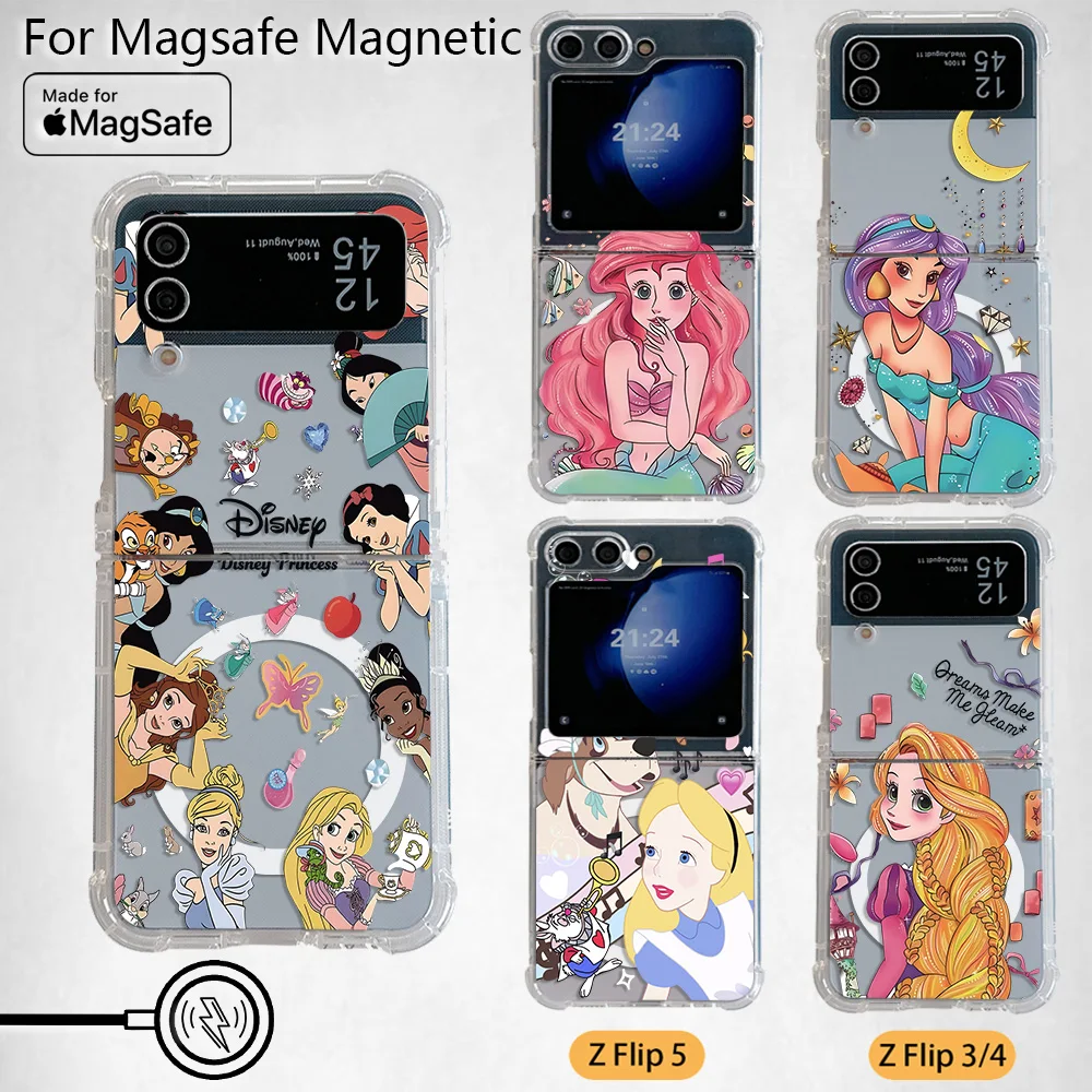 Cute Ariel Disneys Princess Magsafe Magnetic Phone Case for Samsung Galaxy Z Flip 3 4 Z Flip 5 6 Z 5G Transparent Back Cover