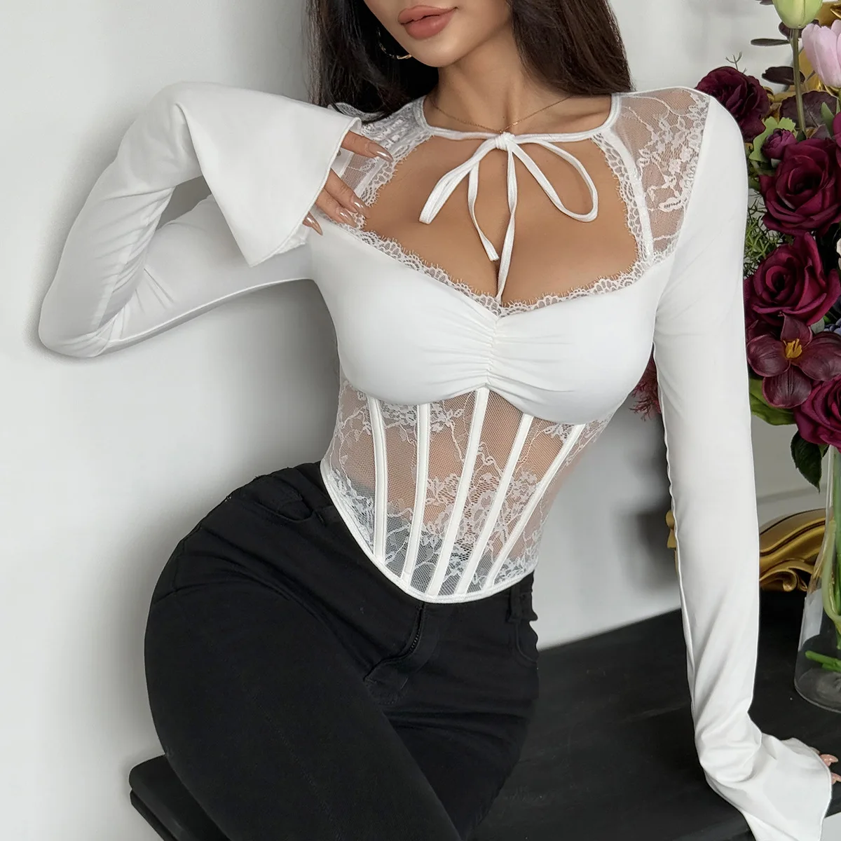 Frauen Weiß Geburtstag Fishbone Tops Dame Sexy Hotsweet Shirts Weibliche Party Nachtclub Patchwork Festival Urlaub Datum Pullover