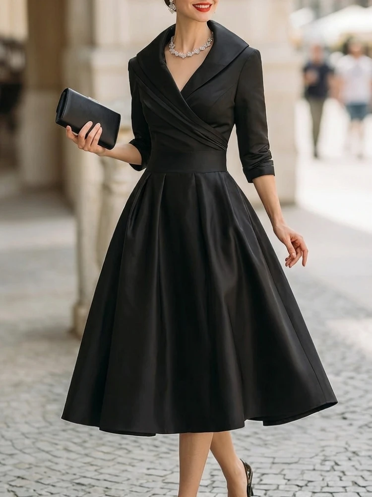 Women's Black Satin Big Lapel Ruched Waist Flare Midi Dress 2026 Elegant Formal Gown for Evening Party Wedding Guest Outfits