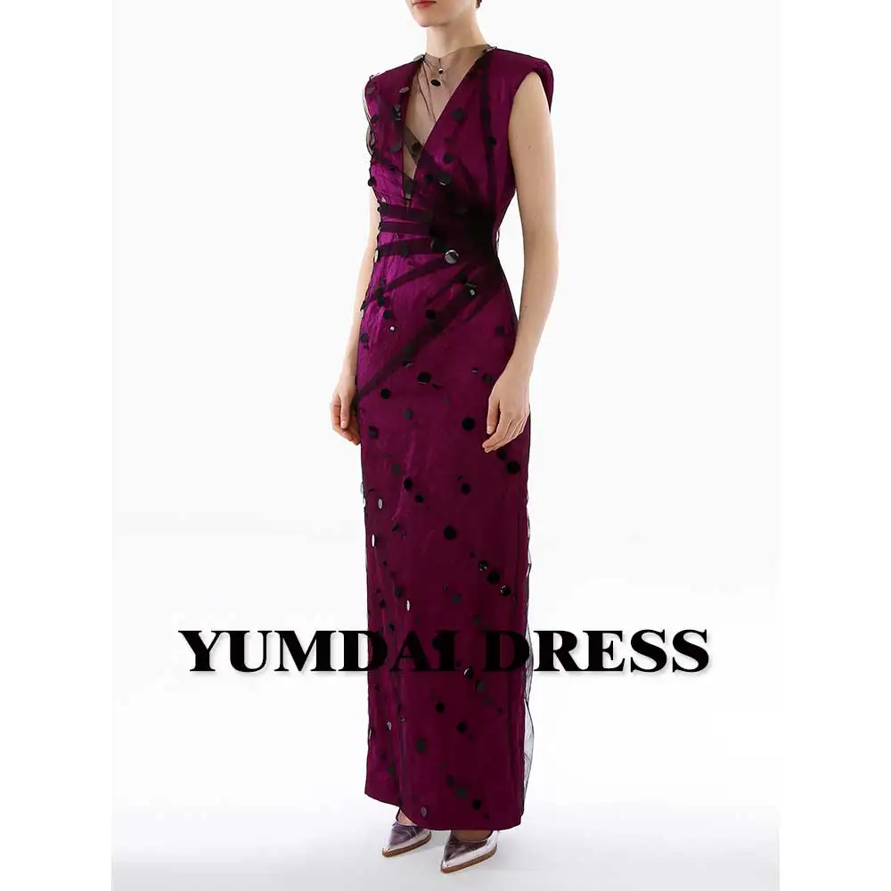 YUMDAI Tulle See-through Feeling Sleeveless Purple Mom Dress Formal Evening Gown Elegant Wedding Party Polka Dot Dress Ball Gown