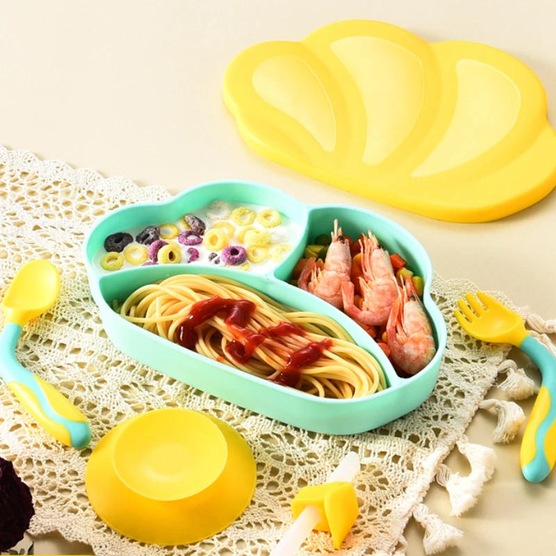 

Baby dinner plate compartment plate baby one-piece silicone auxiliary food suction cup bowl learn to eat children tableware set