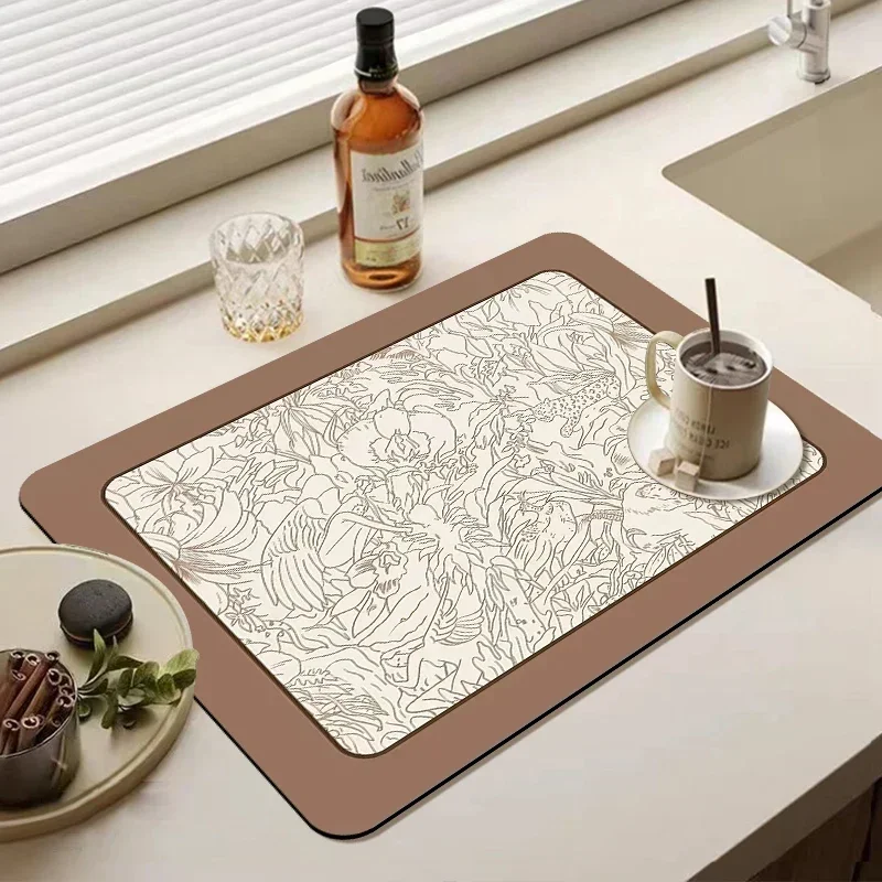 Drain Pad Kitchen Mat Absorbent Dish Drying Mats Non-slip Tableware Draining Pad Retro Coffee Placemat Kitchen Supplies