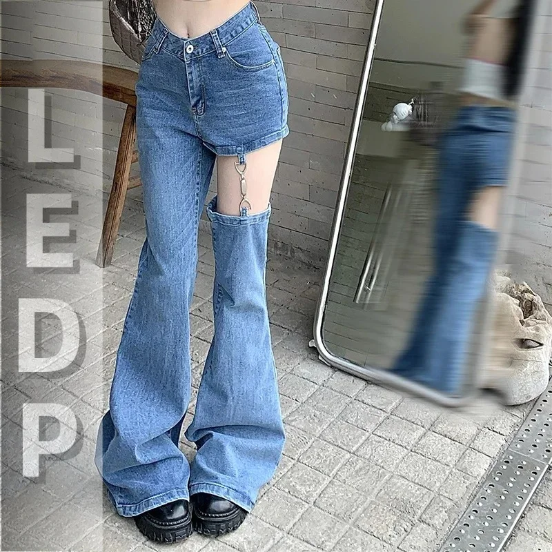 IMU Vintage Y2k Women Flare Jeans with Detachable Leg Warmers High Waist Trousers Basic Solid Bootcut Pants Korean Stylish