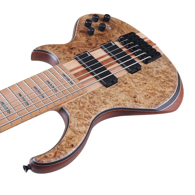 New Design 7 Strings Electric Bass Guitar 43 Inch Acitve Bass Guitar Neck Through Full Okoume Wood Body With Tree Burl Top