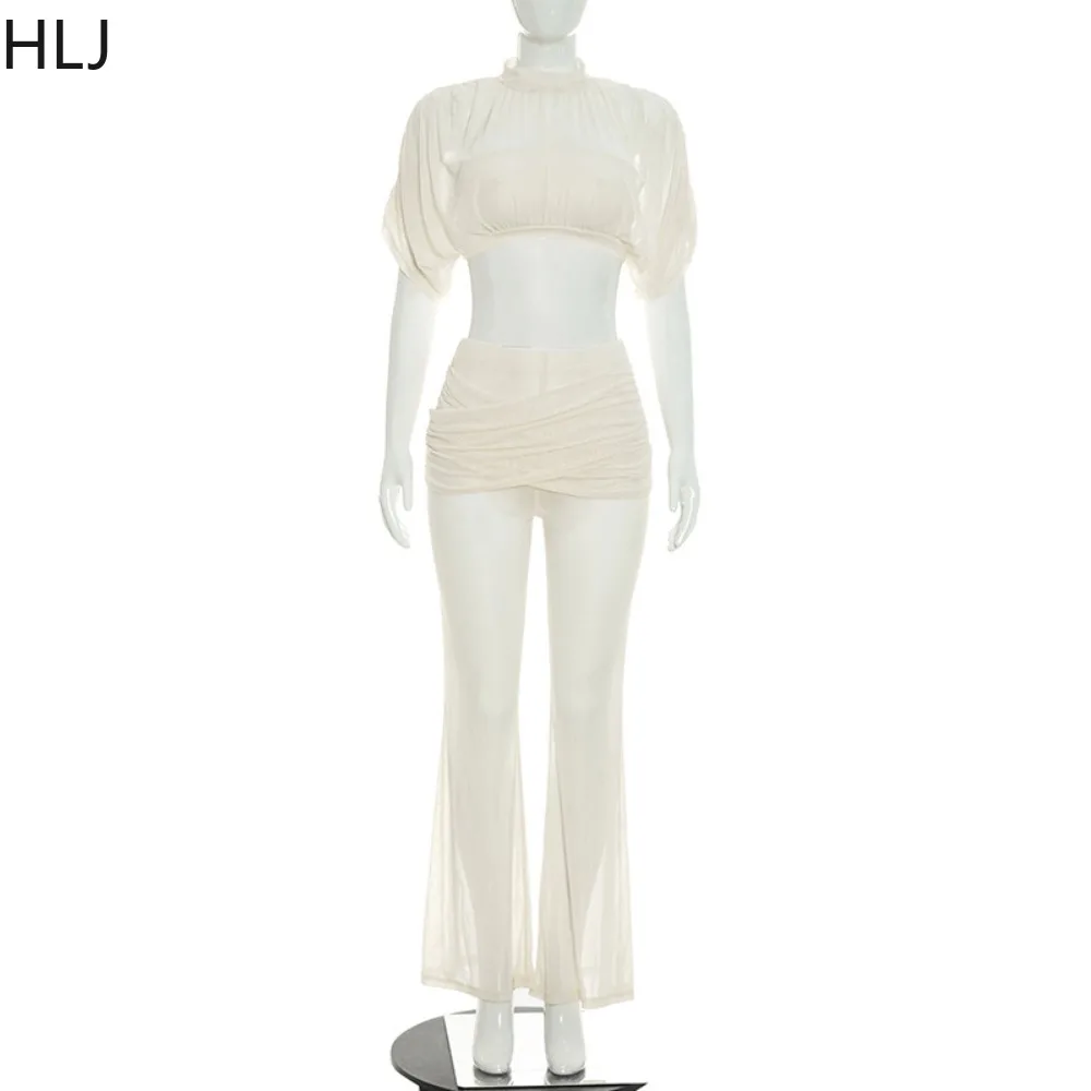 HLJ Women Sexy 2 Piece Matching Solid Sheer Mesh Batwing Sleeve Patchwork Crop Top + Flare Pants Sets Elegant Night Club Outfits view 5
