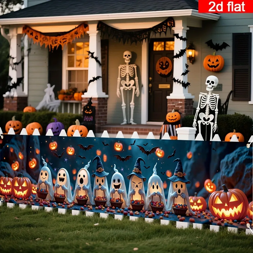Fröhliches Halloween-Zaunbanner, Niedlicher Geister-Hexenhut, Süßigkeiten-Kürbislaterne, Fledermaus-Druck, Lange Hängeflagge für Garten und Außendekoration – Detail 3