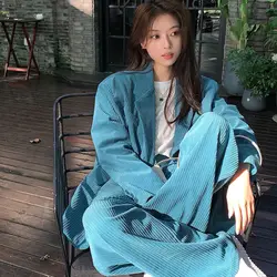 Two-piece Women Blazer Suit Corduroy Chic Coat Wide-legged Pants Office Women's Clothing Long Sleeve Straight Pants Vintage New