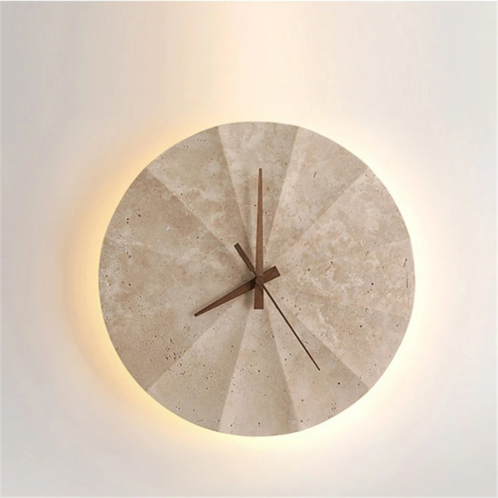Industrial Decor Yellow Travertine Round Clock Led Wall Lamp Living Room Study Office Store Hallway Sconces Indoor Night Lights