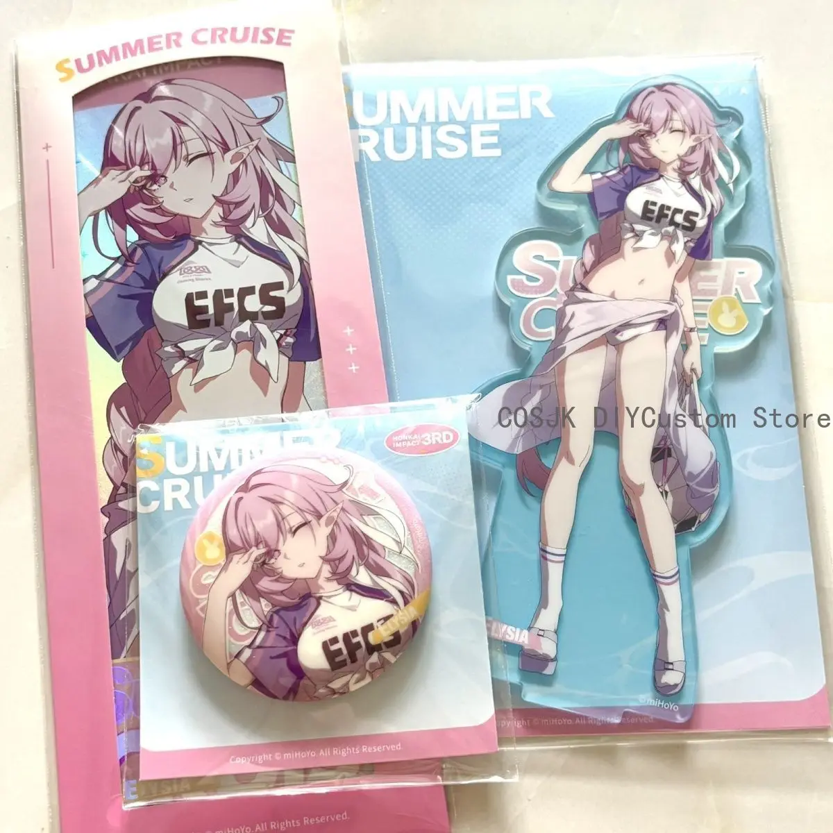 

Official Honkai Impact 3 Elysia Summer Series Anime Cosplay Laser Card Badge Pins Brooch Acrylic Desktop Stand Figure Set