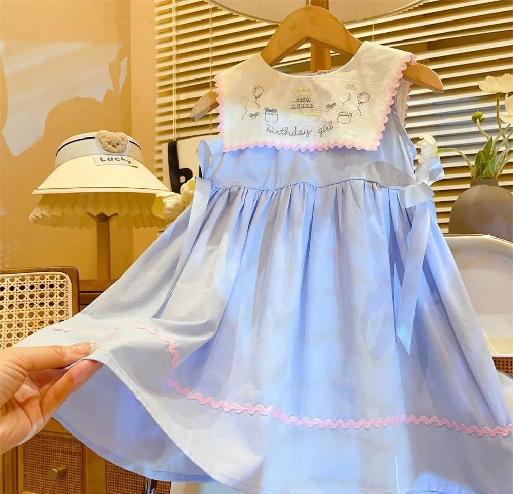 Girls Casual Dresses New Summer Blue Dress Baby Doll Collar Vest 2024 Round Collar Fashion Simple Childrens Clothing Lovely