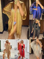 New Fashion Bright Silk Sunscreen Shawl Hijab Gold Silver Shiny Scarves For Women Lace Tassel Party Evening Dress Scarf