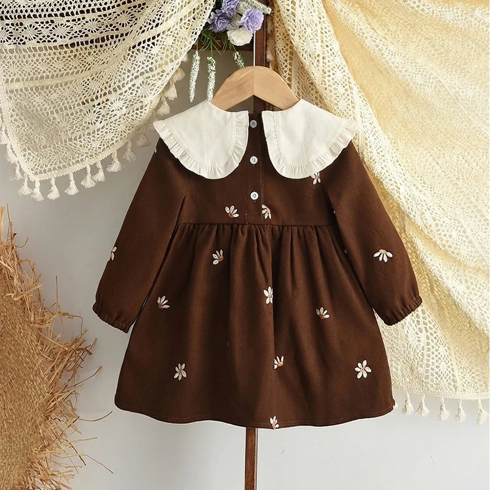 2026 Autumn Cute Flower Girls Dresses Korean Version Retro Brown Embroidered Princess Dress Fashion Lapel Children's Clothing